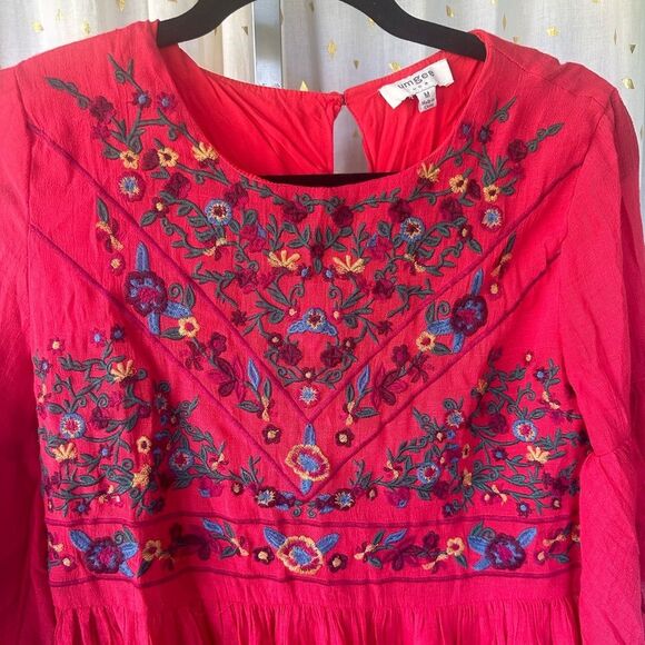 Umgee Boho Bliss Embroidered Waterfall Ruffle Bell Sleeve Baby Doll Dress M - Picture 3 of 10